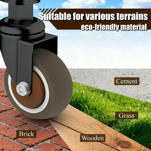 Gate Wheel 2 Inch For Wooden Gate With 80 Lbs Capacity And 360 Degree Rotation shown on brick, wood, grass, and cement surfaces.