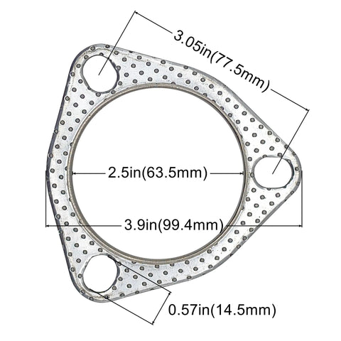 Automotive exhaust gasket, 2.5 inch bore, 3-bolt flange, graphite with fire ring, 2 pcs