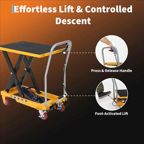 Hydraulic lift table cart with double scissor lift, 1100 lb capacity, yellow base with black platform, four wheels