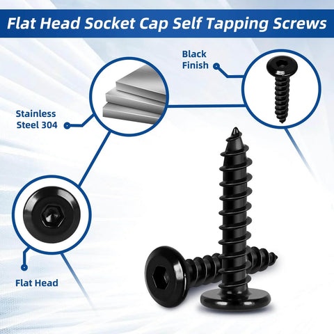 Heavy Duty M4 x 20mm Flat Head Socket Cap Self Tapping Screws Countersunk Wood Screws Made From 304 Stainless Steel 18-8 With Black Finish And Allen Hex Drive 50 Pack For Real World DIY Projects image showing flat head and hex drive.