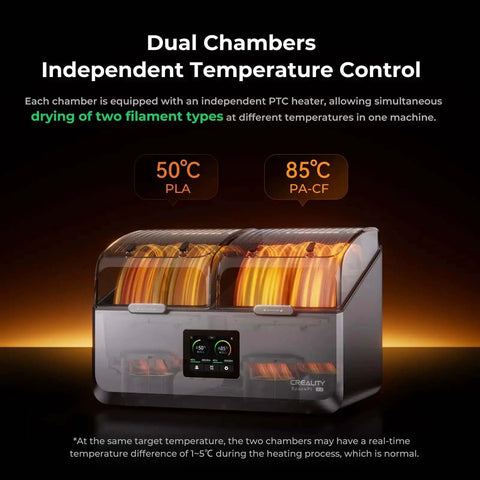 Space Pi X4 Filament Dryer Box For 4 Spools With Dual PTC Heating And 360 Degree Hot Air Circulation showcasing dual temperature chambers.