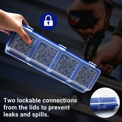 12 Pack Screw Organizer Boxes With Lids, Four-Compartment Dividers, Blue Toolbox Style Storage Case shown held by hand