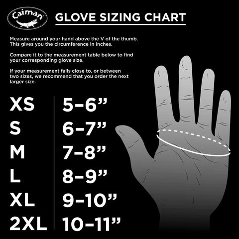 Workhorse Goat Grain Welding Gloves For TIG And Multi Tasking glove sizing chart showing hand measurement guide for XS to 2XL.
