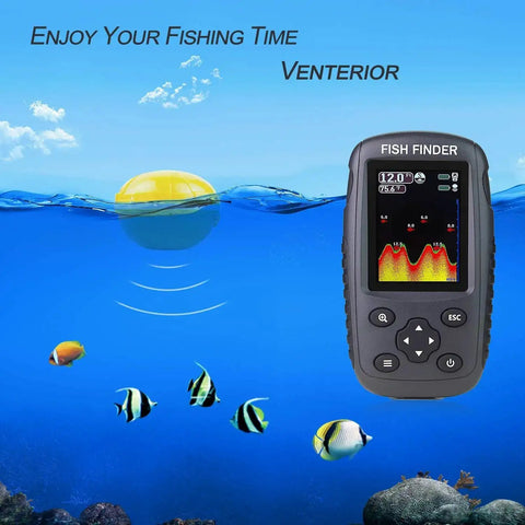 Portable Wireless Fish Finder With Rechargeable Battery, Castable Transducer, No Cable, showing fish and water depth on color display.