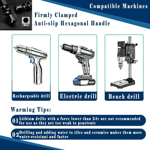 Rechargeable, electric, and bench drills showcasing compatibility with ceramic tile drilling, featuring anti-slip hexagonal handle