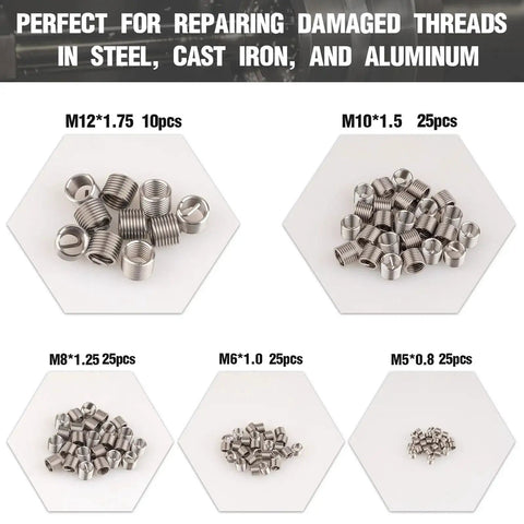 Helicoil Thread Repair Kit 131Piece Metric Set For M5 M6 M8 M10 M12 Automotive shown with different sized metal inserts