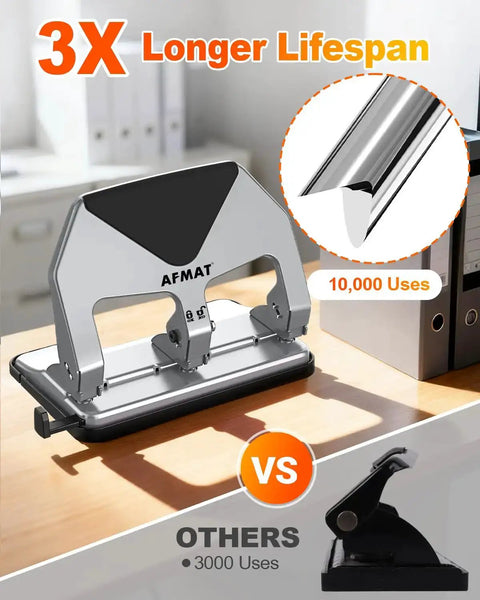 Heavy-Duty 3 Hole Punch For Binders, 50-Sheet Capacity, Fifty Percent Easier Punching, Boss-Level Durability in office setting