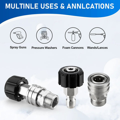 Pressure washer adapter set, 4-pack, stainless steel M22 to 3/8 inch quick-connect swivel fittings.