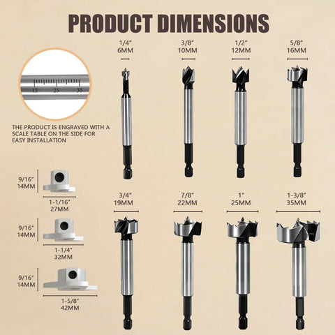 Eight Piece Forstner Drill Bit Set For Woodworking With Hex Shank For DIYers showing various sizes from 1/4" to 1-3/8".