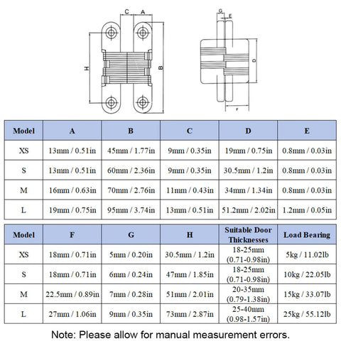 Diagram and size chart for Hidden Door Hinge Set 6 Pieces, Invisible Cross Hinge 180 Degree Folding, showing dimensions and load capacity.