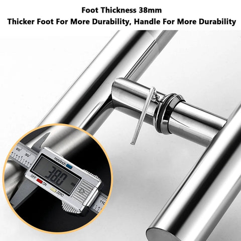 Close-up of a stainless steel shower door handle and push pull rail for home and commercial use, showing 38mm foot thickness.