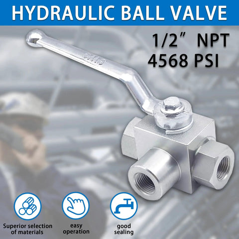Beefy One-Half Inch Hydraulic Ball Valve for High Pressure Systems, Three-Way Shut-Off, 1/2" NPT, 4568 PSI, Model KHB3K
