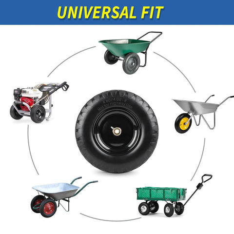 Solid Flat Free Tire And Wheel For Garden Cart 4.80/4.00-8 Inch, shown with carts, wagons, dollies, and trolleys for universal fit