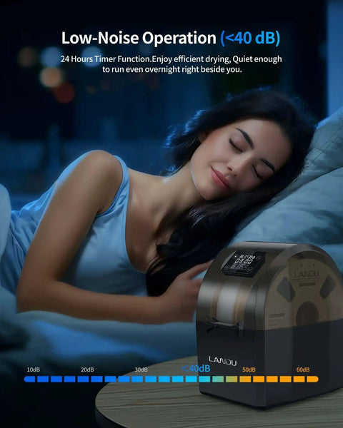 Woman sleeping beside Dual Spool Filament Dryer Box for 3D Printer, showcasing low-noise operation under 40 dB