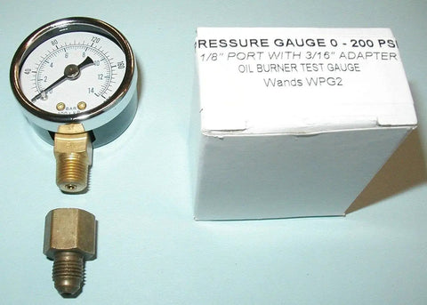 Oil Burner Fuel Pressure Test Gauge 0-200 PSI with 1/8 Inch NPT Port and 3/16 Inch Line, chrome bezel, and box packaging