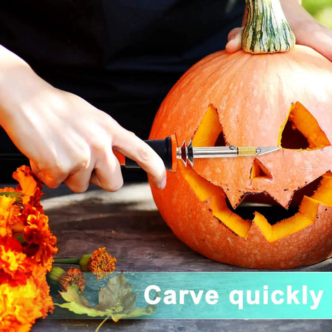 Using the All In One Electric Hot Knife Cutter Kit For Carving And Stenciling, 19 Piece Set With Metal Stand on a pumpkin