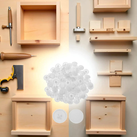 100 Piece White Screw Cap Covers Kit For Phillips And Self-Tapping Screws 11mm Hole Caps displayed with woodworking tools