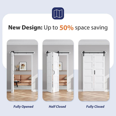 Double 24x84 Bi Fold Barn Doors White With 52 Inch Hardware Kit Waterproof PVC Surface For Closet installed in living room