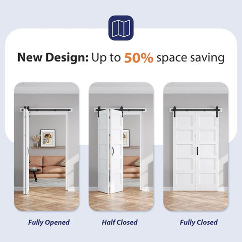White Double 21x84 Bifold Barn Closet Doors With 46 Inch Hardware Track Kit Solid MDF With Waterproof PVC Surface in open and closed positions