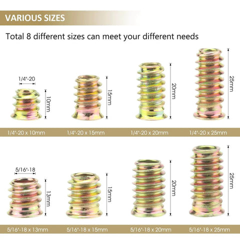 152 Piece Threaded Inserts Set For Wood, 1/4-20 And 5/16-18 Steel Nut Inserts, 8 sizes diagram