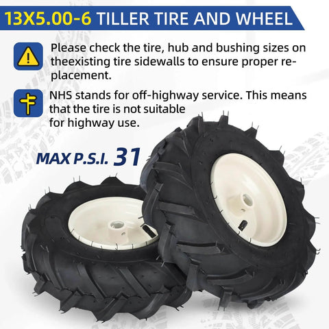 Replacement Tiller Tire And Wheel Set For 13x5-6 Size With 1 Inch Axle And 3 1/8 Inch Centered Hub Left And Right Wheels Included