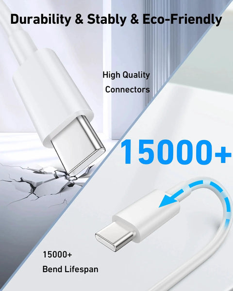 Close-up of durable 3ft USB A to USB C CarPlay cable for iPhone 17 16 15 Pro Max and iPad, 15000+ bend lifespan shown.
