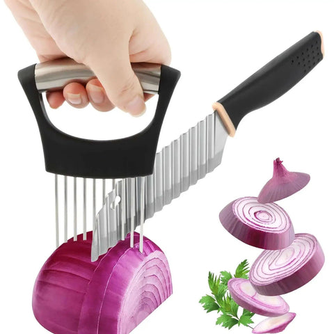 Crinkle Cutter Knife With Rubber Handle Stainless Steel Wavy Blade Fries Cutter Slicer For Potatoes Onions And Veggies Handy Kitchen Chopping Tool For Home Use Black slicing onion with holder
