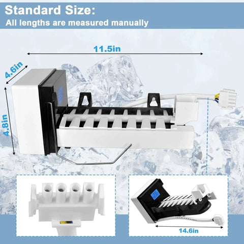 Ice maker replacement assembly, front view with white housing, black motor, and ice tray.