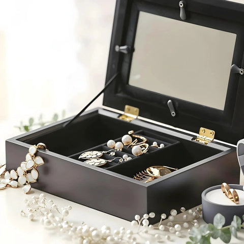 Jewelry box with Ten Sets 1 Inch Gold Mini Brass Hinges With Screws For Jewelry Boxes DIY Projects, open with jewelry inside