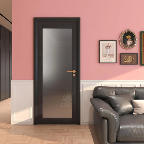32 By 80 Inch Frosted Glass Slab Door With Sleek 1 Lite Glass, French Interior Style, Black Pre-Finished Surface, installed in living room