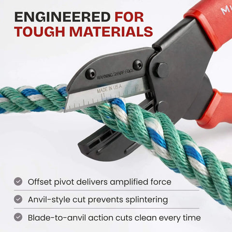 Heavy-duty industrial cutter for plastic, rubber, wood, leather and PEX cutting thick rope, red ergonomic handle, black oxide blade