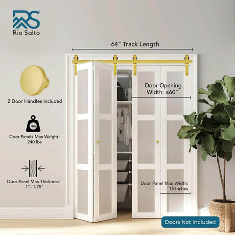 Gold Bi-Fold Barn Door Hardware Kit With Heavy Duty Metal Track System For Four Doors Includes Matching Knobs Four Rollers No Doors Included Ideal For Bifold Closet Doors Or Small Room Partitions displayed inside a room without doors; 64-inch gold track and hardware visible.