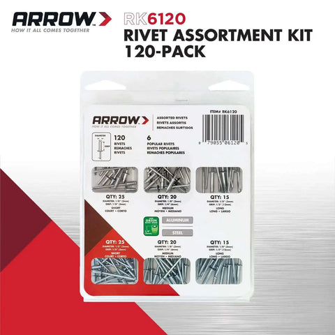 Pop Rivet Assortment Kit For Metal Fabric Leather And Auto Repair One Eighth Inch Rivets Aluminum And Steel 120 Pack visible front view