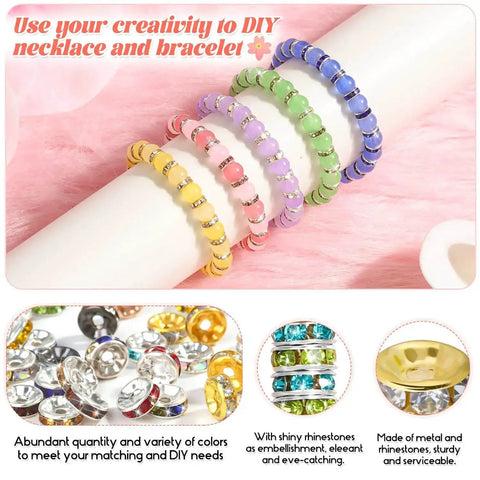 Crystal Rondelle Spacer Beads Kit 1200 pieces in 6mm 15 bright colors for DIY jewelry making on display with bracelets.