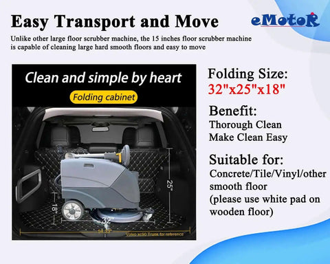 Foldable Walk Behind Floor Scrubber With 15 Inch Brush And Automatic Water Flow Upgrade For Grime Busting Cleaning shown folded in rear of vehicle, size 32x25x18 inches, gray.