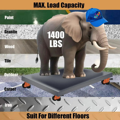 Elephant on caster platform demonstrating 1400 lbs capacity for Plate Caster Leveling Wheels With Ratchet Handle Height Adjustable Plate Casters Set