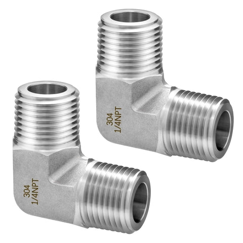 Two 304 stainless steel 90° street elbows, 1/4in NPT male x 1/4in NPT male, pipe fittings, 2-pack