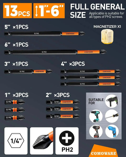 13 Piece Phillips Head Drill Bit Set COMOWARE S2 Steel 1/4 Inch Hex Magnetic Bits With Anti Slip CNC Tip displayed with magnetizer