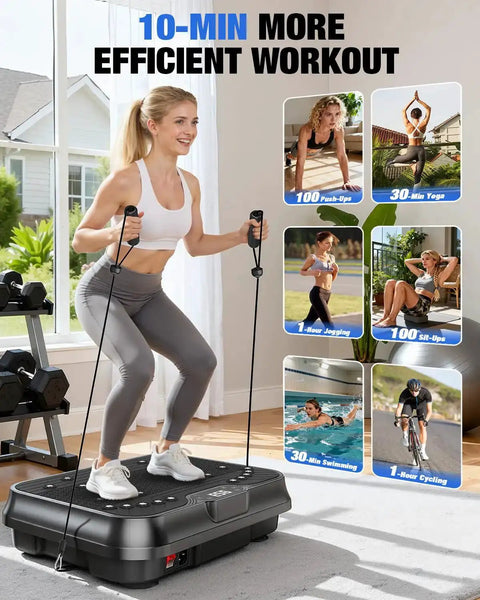 Woman using Vibration Plate Exercise Machine For Weight Loss With 250 Speed Platform Remote And Resistance Bands in home gym