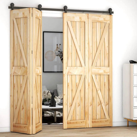 Heavy Duty 6ft Barn Door Bi-Folding Hardware Kit For Four Panels, Sliding Track System, Durable Carbon Steel With Frosted Black Finish
