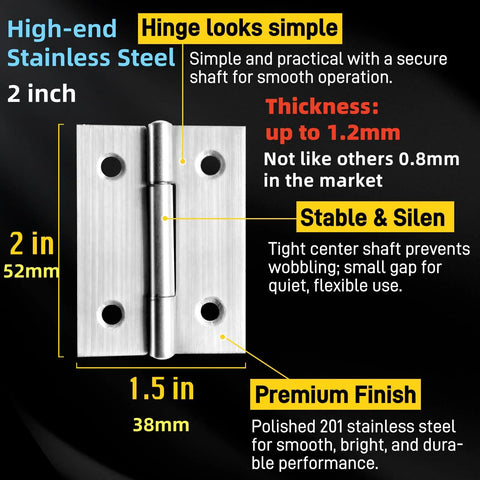 Door hinge, 2-inch stainless steel, silver finish, front view with screw holes and hinge barrel
