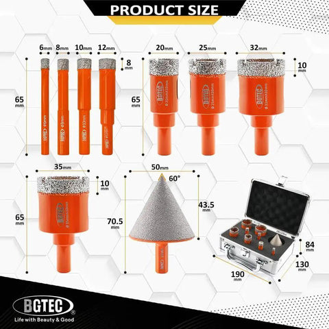 Dry Diamond Drill Bit Set For Granite Marble Tile Ceramic Porcelain And Masonry - 9 Vacuum Brazed Core Bits 65mm Length Shanks 1/4 To 1-3/8 Inch Includes 2 Inch Chamfer Bit Ideal For Diy Projects And Pro Jobs, image showing drill bits and carrying case with sizes