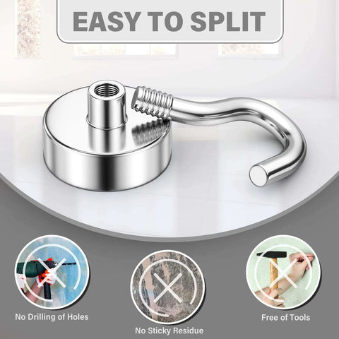Close-up of easy-to-install magnetic hook showing no drilling, residue-free, and tool-free use in a modern home setting.