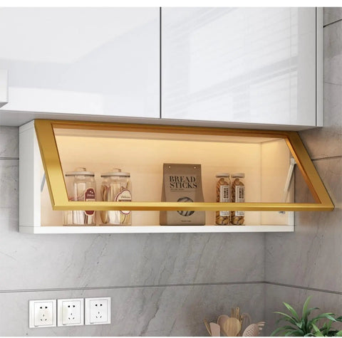 Soft Close Toy Box Lid Hinge and Gas Spring Support 270mm 100N 2 Pack for Wooden Boxes installed on a kitchen cabinet door