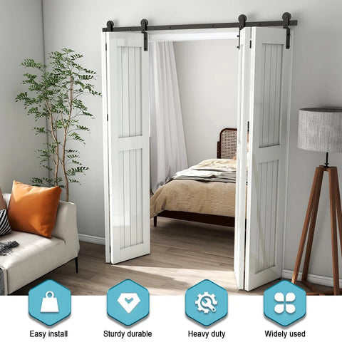 7 Foot Bi Fold Barn Door Hardware Kit For Four Doors Track System Fits Door Openings Up To Eighty Inches With Smooth Quiet Glide