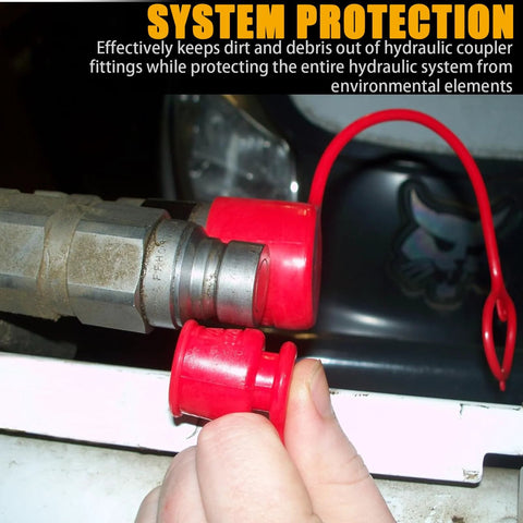 Red plastic dust caps for 1/2-inch flat-face hydraulic quick-connect couplers; 4 sets with male and female covers.