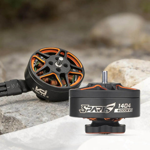 Set Of Four VCI 1404 4000KV FPV Brushless Motors For 3 Inch Toothpick Micro Drones shown on rocky surface