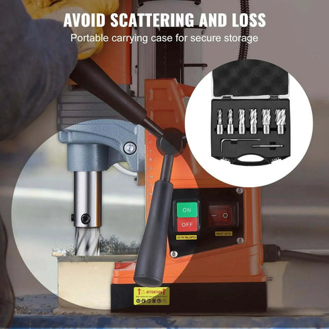 Premium Magnetic Drill Annular Cutter Set With Six Pieces Weldon Shank Bits For 1 Inch Cutting Depth shown with drill stand and case