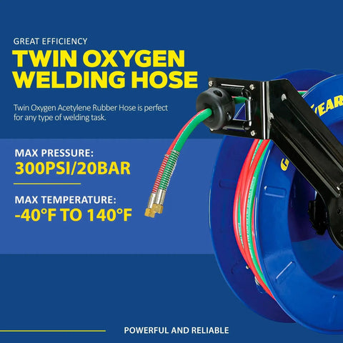 Retractable Welding Hose Reel With Twin Oxygen And Acetylene Rubber Hoses Heavy Duty Steel Arm Three Hundred PSI Rating