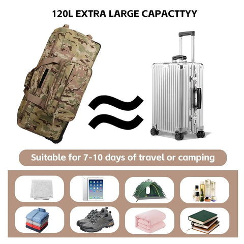 Heavy Duty 120L Three Wheel Rolling Duffle Bag For Travel Camping And Outdoor Adventures With Durable TearResistant Construction shown with suitcase comparison
